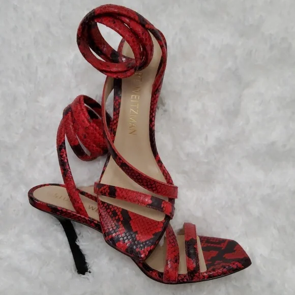 Stuart Weitzman Red Snakeskin Strappy Heels